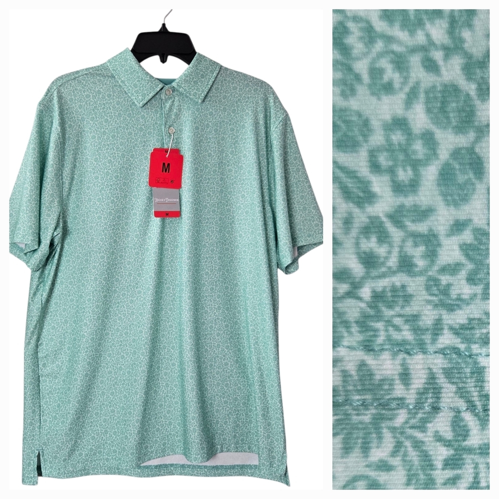 Hickey Freeman Performance Golf Polo Green Floral Print‎ UPF 30 Stretch